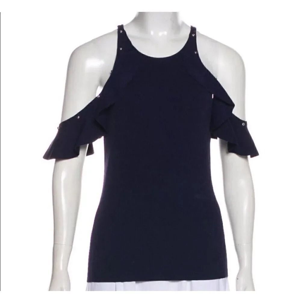 Jonathan Simkhai navy cold  shoulde studded knit  top size Small